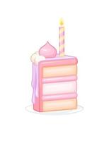 Slice of pink birthday cake with candle vector illustration isolated on white background