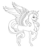 Hermoso unicornio con alas vector ilustración en blanco y negro para colorear página