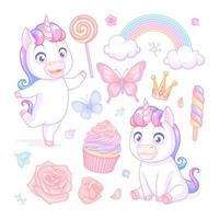 Vector set with cute unicorns sweets flowers and butterflies