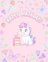Pink vector birthday greeting card with unicorn with cake