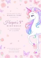 Vector pink birthday party invitation with unicorn