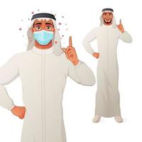 Arab in face mask pointing finger up to give advice vector illustration