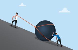 Two businessmen pushing a big stone uphill vector illustration