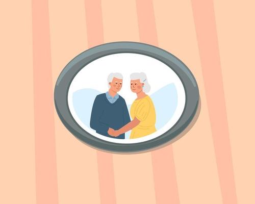 A framed picture of an elderly couple