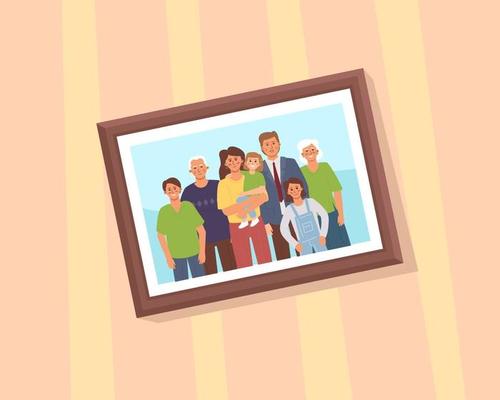 A framed portrait of a family hanging on the wall