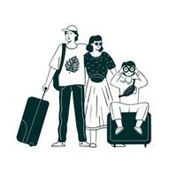 The hand drawn monochrome family of travelers vector