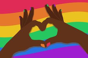 The dark skinned  hands make a heart gesture against the background of a rainbow flag vector