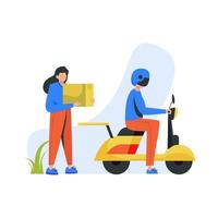 Courier rides motorcycle and delivers goods to customers vector illustration