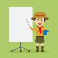 personaje de explorador con tablero en blanco vector