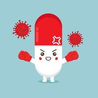 Cute Pill Character Fights Against Viruses vector