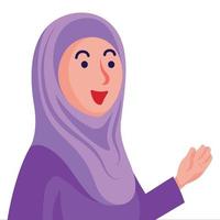 Smiling Muslim woman character with purple hijab giving speech or tutoring to audience or student vector