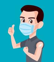 Strong Man wearing surgical mask showing vaccinated arm and good well hand sign vector