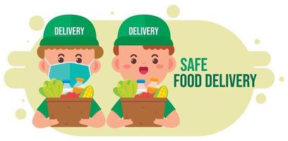 Delivery man carrying package box of grocery food and drink from store cartoon art illustration vector