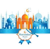 Greeting Card Ramadan Kareem design with silhouette of mosque vector