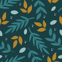 Plants twigs and leaves on a dark green color Vector seamless pattern wallpaper packaging paper design and fabric print