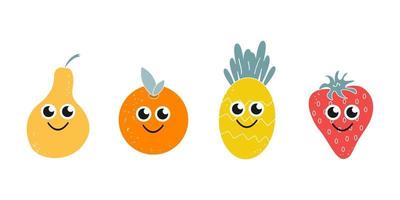 A set of cute cartoon fruits pineapple pear orange and strawberry on a white background Vector image in flat style