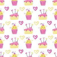 A muffin and a piece of cake in pink and yellow flowers with hearts on a white background Vector seamless pattern wallpaper packaging paper design and fabric print