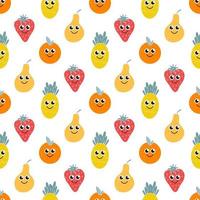 Fruit set pineapple strawberry orange and pear Vector seamless pattern on a white background in cartoon style Packaging paper design fabric print