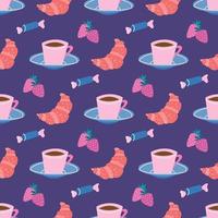 Tea party coffee break  cup and saucer sweets and croissants with strawberries on a lilac background Vector seamless pattern wallpaper design for packaging paper and fabric