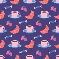 Tea party coffee break  cup and saucer sweets and croissants with strawberries on a lilac background Vector seamless pattern wallpaper design for packaging paper and fabric