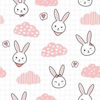 Cute rabbit bunny head and pink cloud cartoon doodle seamless pattern vector