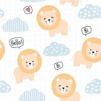 Cute lion and blue cloud cartoon seamless pattern vector