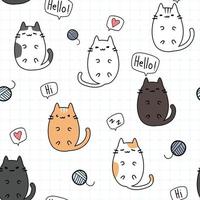 lindo, gordito, gato, gatito, caricatura, garabato, seamless, patrón vector