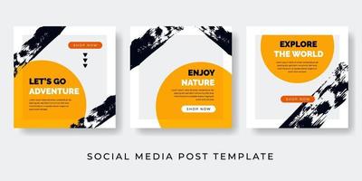 Historias de aventuras modernas de redes sociales y plantilla de fondo de conjunto de publicaciones creativas con espacio para copiar texto en pincel amarillo y negro vector