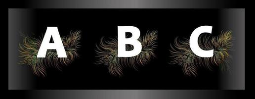 Letras del alfabeto sobre un fondo negro con plumas de aves exóticas vector