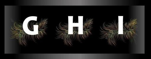 Letters of the alphabet on a black background with feathers of exotic birds vector
