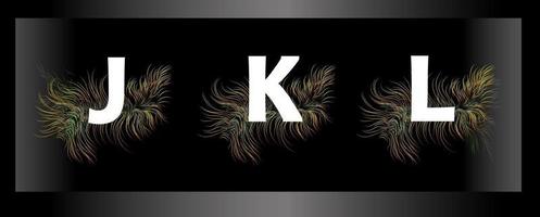 Letters of the alphabet on a black background with feathers of exotic birds vector