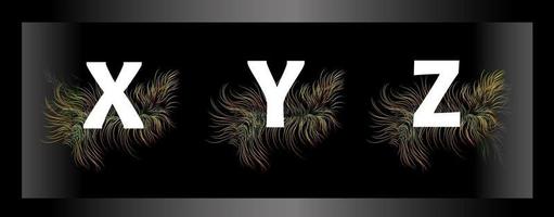 Letters of the alphabet on a black background with feathers of exotic birds vector