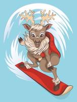 vector illustration of a reindeer that rides on the mountain slopes on a snowboard