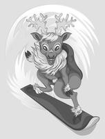 Ilustración vectorial de un reno que cabalga por las laderas de las montañas en una tabla de snowboard vector