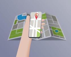 Hand holding a cellphone with a notification map location vector