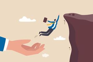 Business support to success confidence businessman jumping from helping giant hand to reach cliff target vector