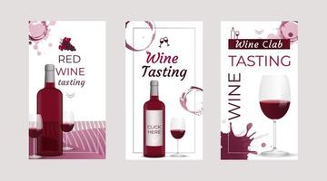 Wine Tasting invitation storys templates with wine bottles and wine glasses with Wine stains background vector