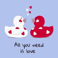 Valentines day greeting card a cute couple of bath rubber ducks facing each other with floating hearts red and white background vector