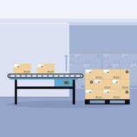 Industrial conveyor belt with pallet packaging vector