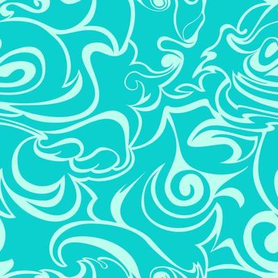 Blue waves curls on a turquoise background Stylized flame seamless pattern