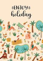 Vector illustration of women in swimsuit on tropical beach. Summer holiday vacation travel