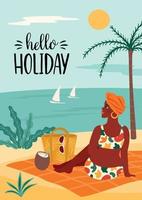 Vector illustration of woman in swimsuit on tropical beach. Summer holiday vacation travel