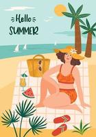 Vector illustration of woman in swimsuit on tropical beach. Summer holiday vacation travel