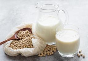 Soy milk and soy on the table photo