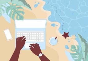 Hands of an African American man working at a laptop by the sea Remote work concept Top view of the sandy beach and workspace Flat vector illustration