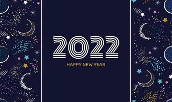 Postcard or banner Happy New Year 2022 in dark blue color with space elements Vector festive background