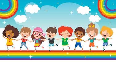 niños multiétnicos jugando en el arco iris vector