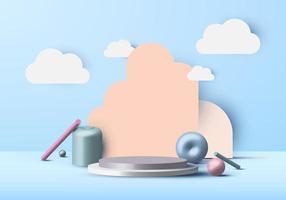 3D realistic abstract minimal scene geometrical forms and empty podium display with cloud on blue sky background vector