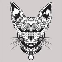 black white illustration of sphinx cat cat head with necklace vector