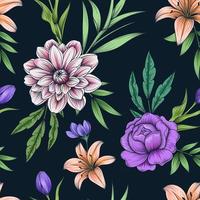 Hand drawn colorful botanical seamless floral pattern on dark vector